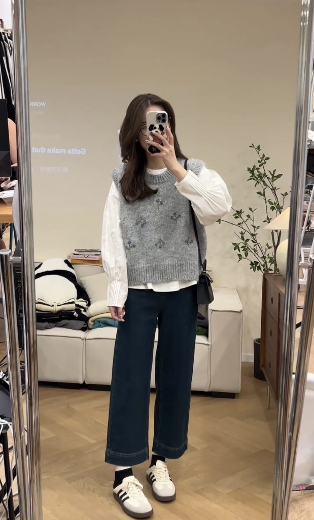 Autumn New Early Autumn White Long Sleeve Shirt with Embroidered Knit Vest and Pants Set