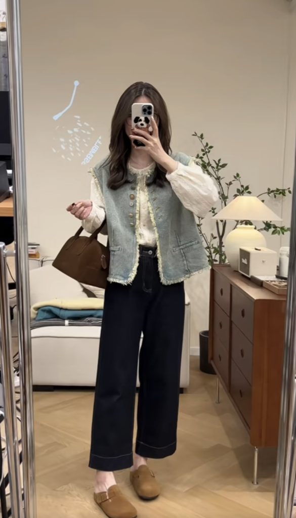 Zanzan 3-Piece Lace Shirt Denim Vest and Jeans Set for Women Autumn 2025