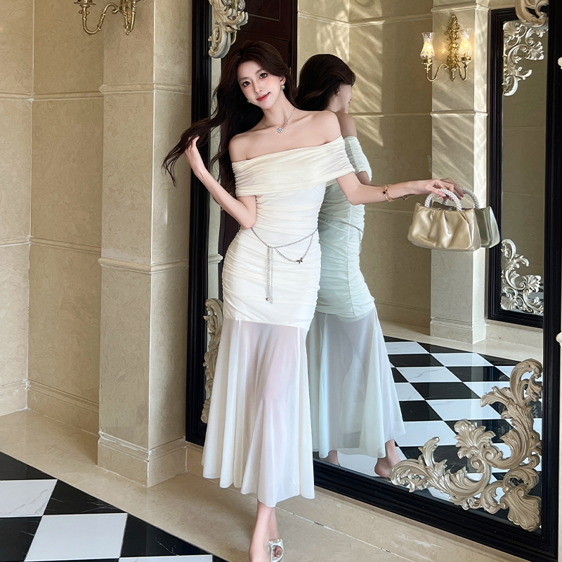 2026 Summer French Off-Shoulder Pleated Mesh Dress Women Slim Waist Mermaid Long Dress Vacation Style