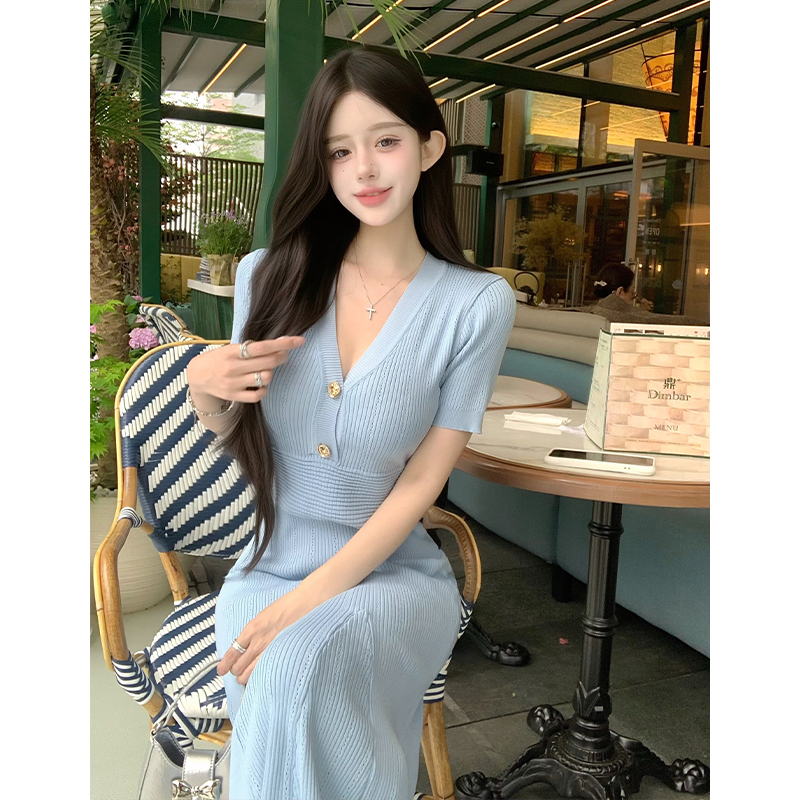 2026 Summer Short Sleeve V Neck Bodycon Midi Knit Dress Slim Fishtail