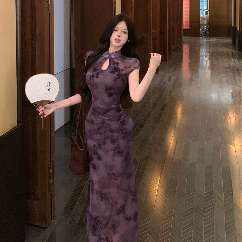 2026 Spring Summer New Chinese Style Improved Qipao Dress Women Purple Elegant Bodycon Mermaid Long Dress High End
