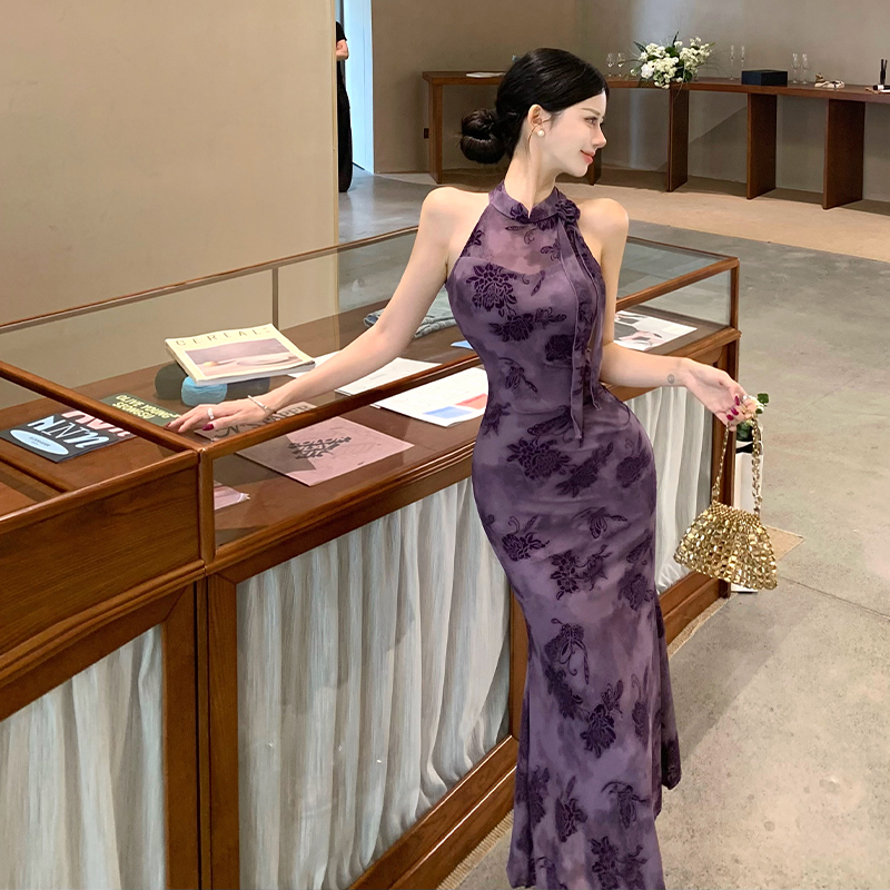 2026 Summer New Chinese Style Modified Qipao Dress with Flocked Floral Stretch Mesh Bodycon Mermaid Long Skirt