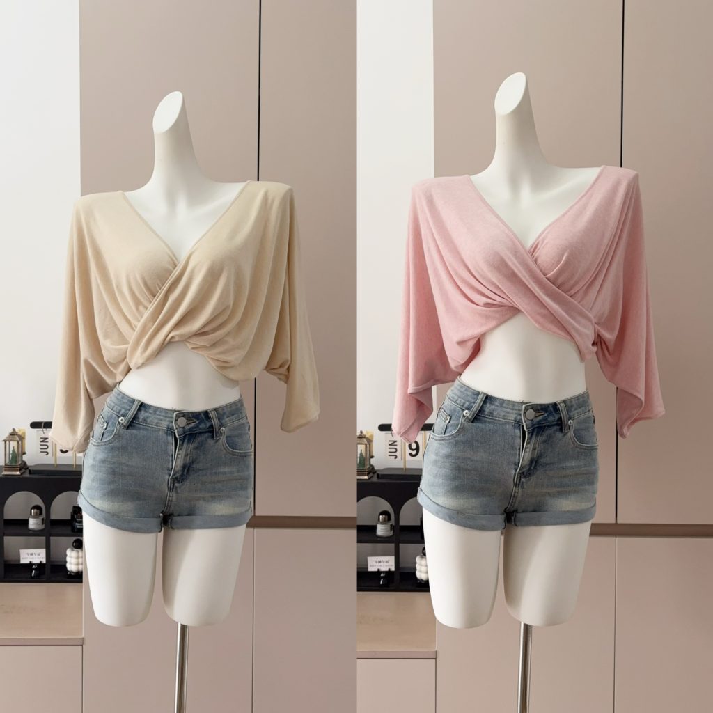 JAYKY YANG Relaxed Lyocell Wool Batwing Sleeve Top with French V-Neck Twist