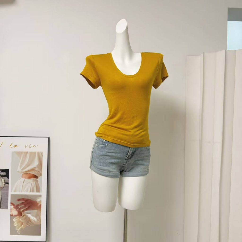 Women's White V-Neck Tencel Short Sleeve Slim Fit Top Summer T-Shirt