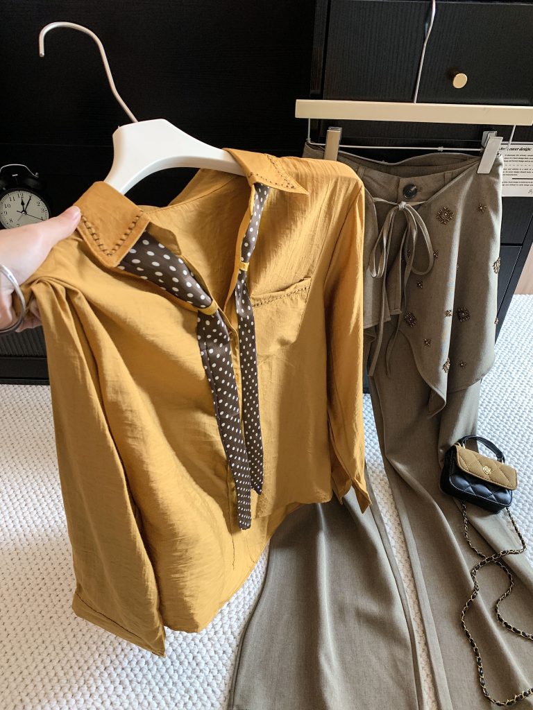 French Style Tie Scarf Polo Collar Long Sleeve Shirt - Style 388835