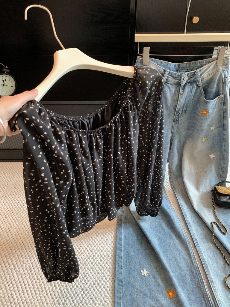 Sexy Off-Shoulder Chiffon Top with Puff Sleeves and Polka Dots - Style 388939