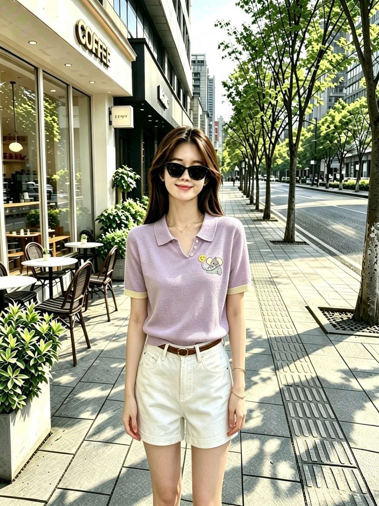 Purple Smiley Elephant Print Collared Short Sleeve T-Shirt for Women 2026 Summer Korean Style Top