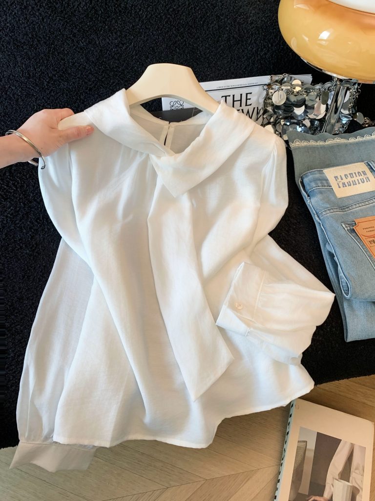 Early Autumn Korean Style Collared Ribbon Tie Simple Commute Shirt Blouse - Style 3923f1