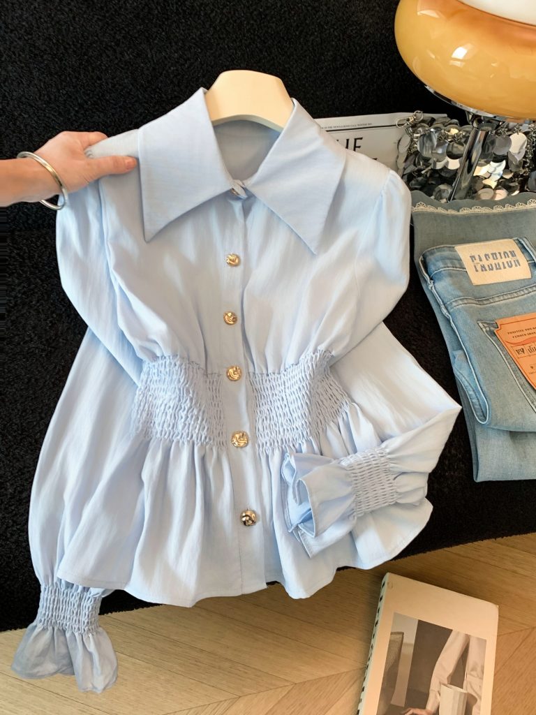 Sweet Gentle White Long Sleeve Blouse for Women French Style Waist Cinching Slimming Top Early Autumn
