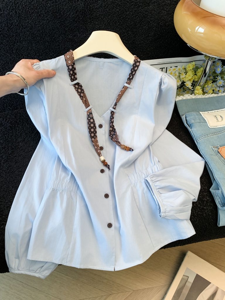 2026 Early Autumn French V-Neck Tie-Waist Long-Sleeve Women's Shirt