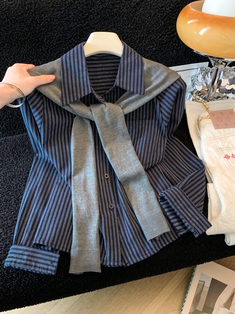 French Retro Polo Collar Long Sleeve Shirt Women 2026 Fall Striped Loose Fit